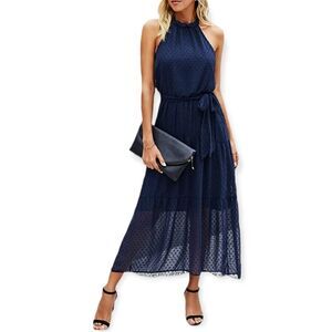 NWT ZILIN Swiss Dot Halter Backless Sleeveless Tie Waist Chiffon Maxi Dress